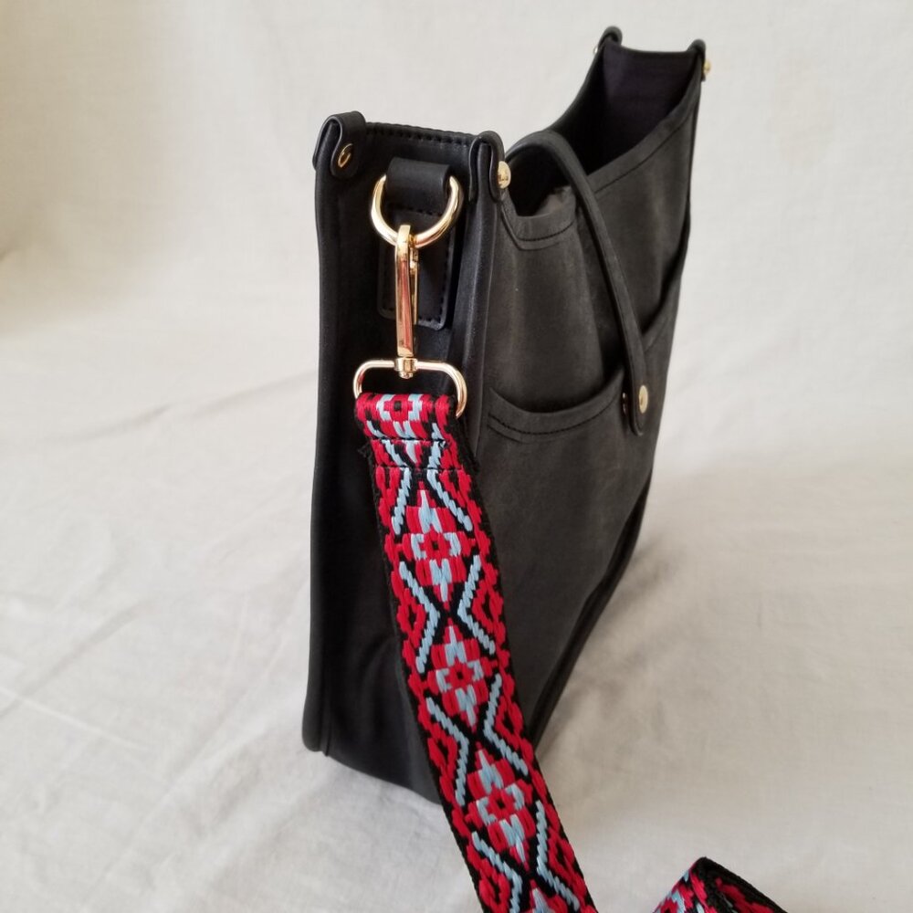 NWOT! Black Faux Leather Purse Shoulder Crossbody Bag with Embroidered Strap - Picture 11 of 12